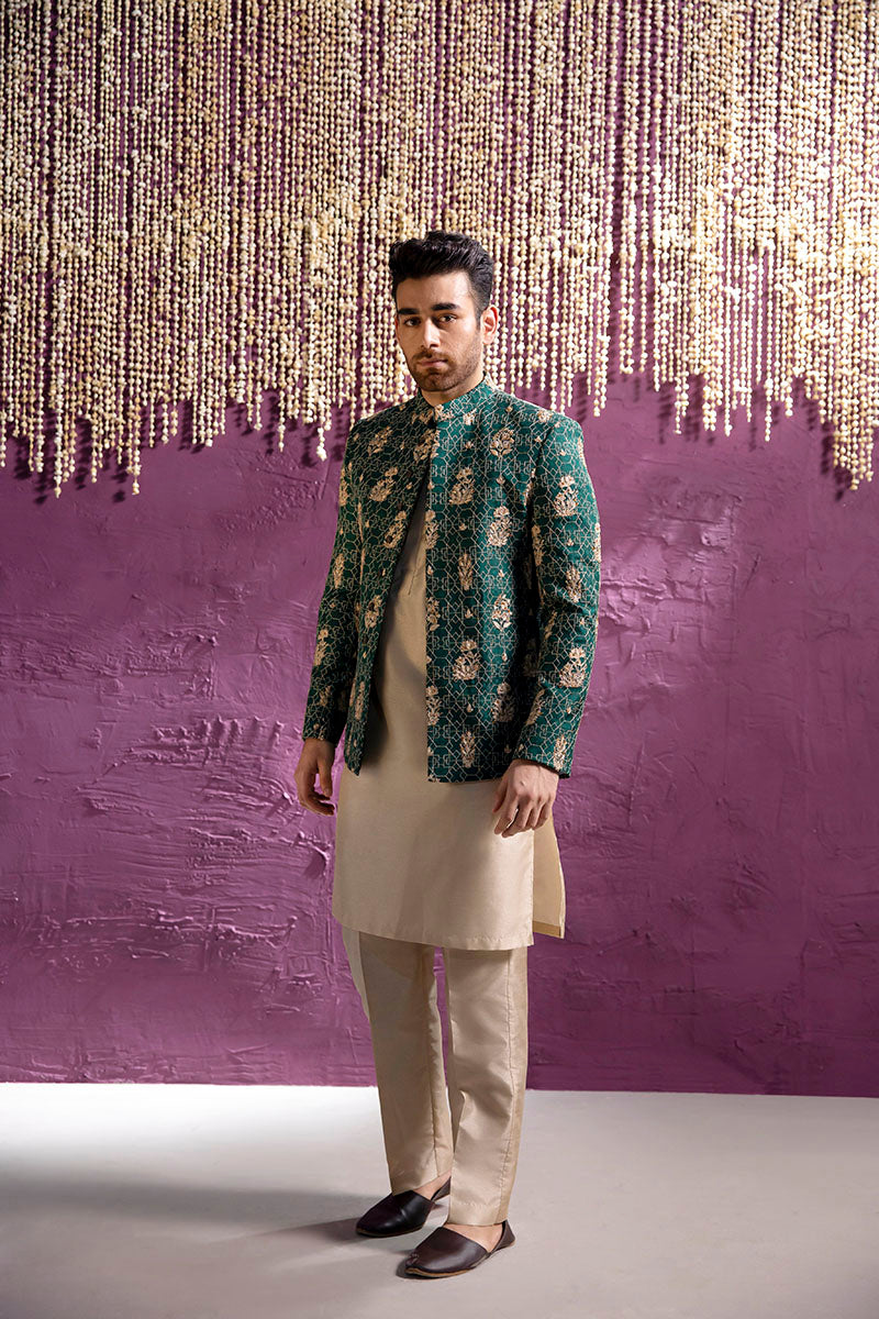 Emerald Green Embroidered Silk-Blend Prince Coat (3-Piece) - Image 1