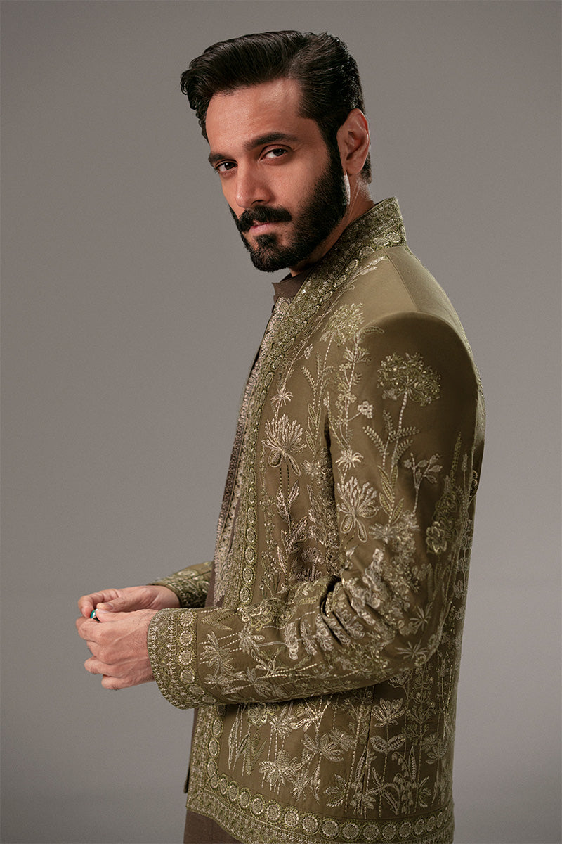 Olive Green Embroidered Silk-Blend Prince Coat (3-Piece) - Image 1