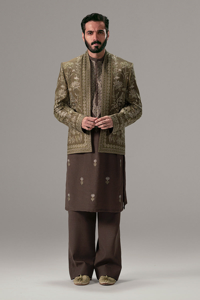 Olive Green Embroidered Silk-Blend Prince Coat (3-Piece) - Image 10