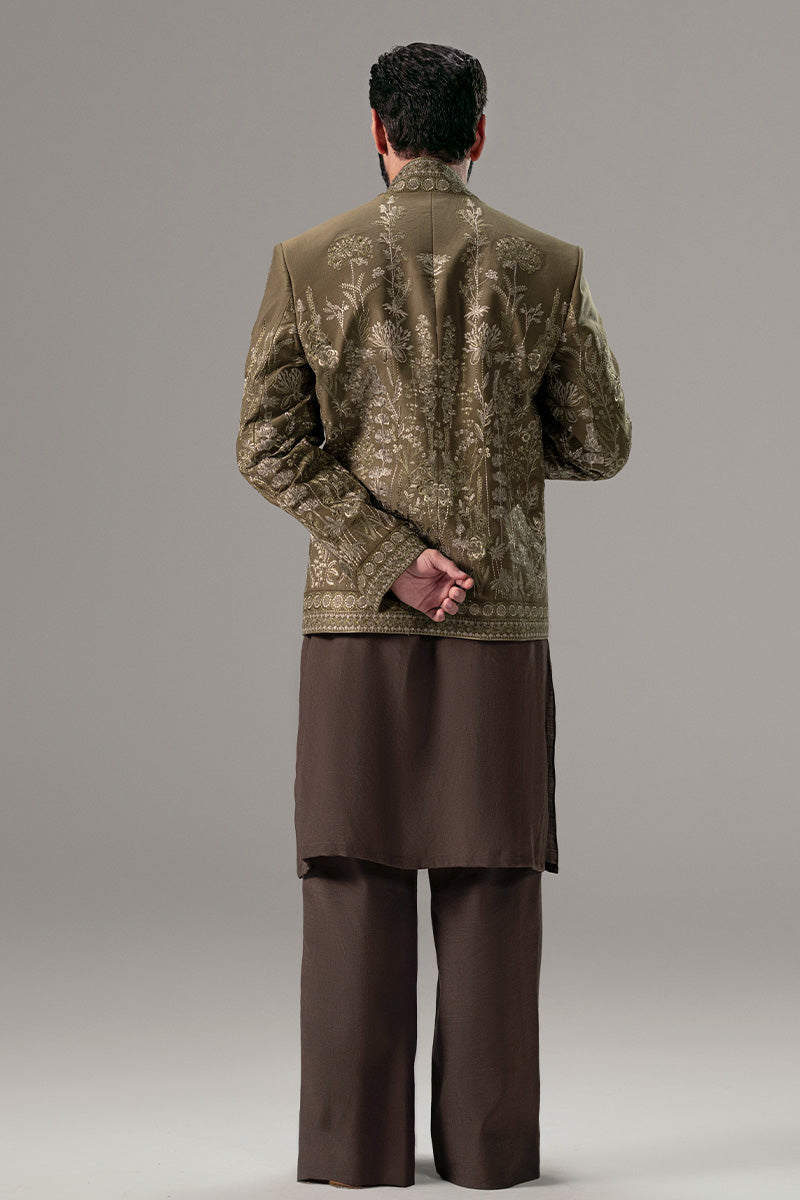 Olive Green Embroidered Silk-Blend Prince Coat (3-Piece) - Image 12