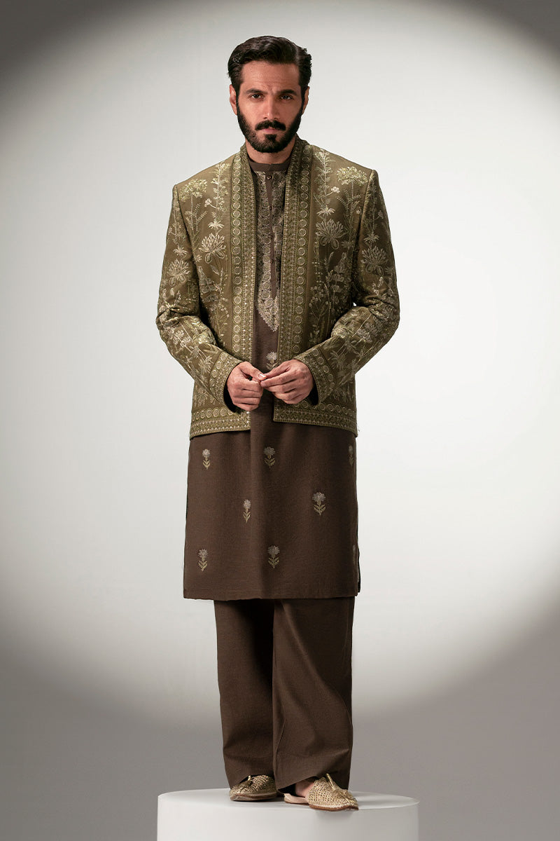 Olive Green Embroidered Silk-Blend Prince Coat (3-Piece) - Image 14