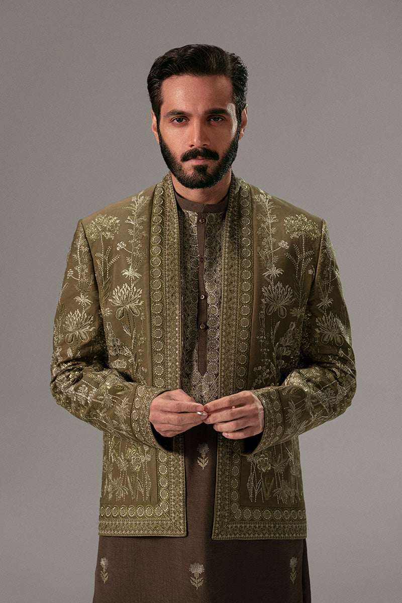Olive Green Embroidered Silk-Blend Prince Coat (3-Piece) - Image 2