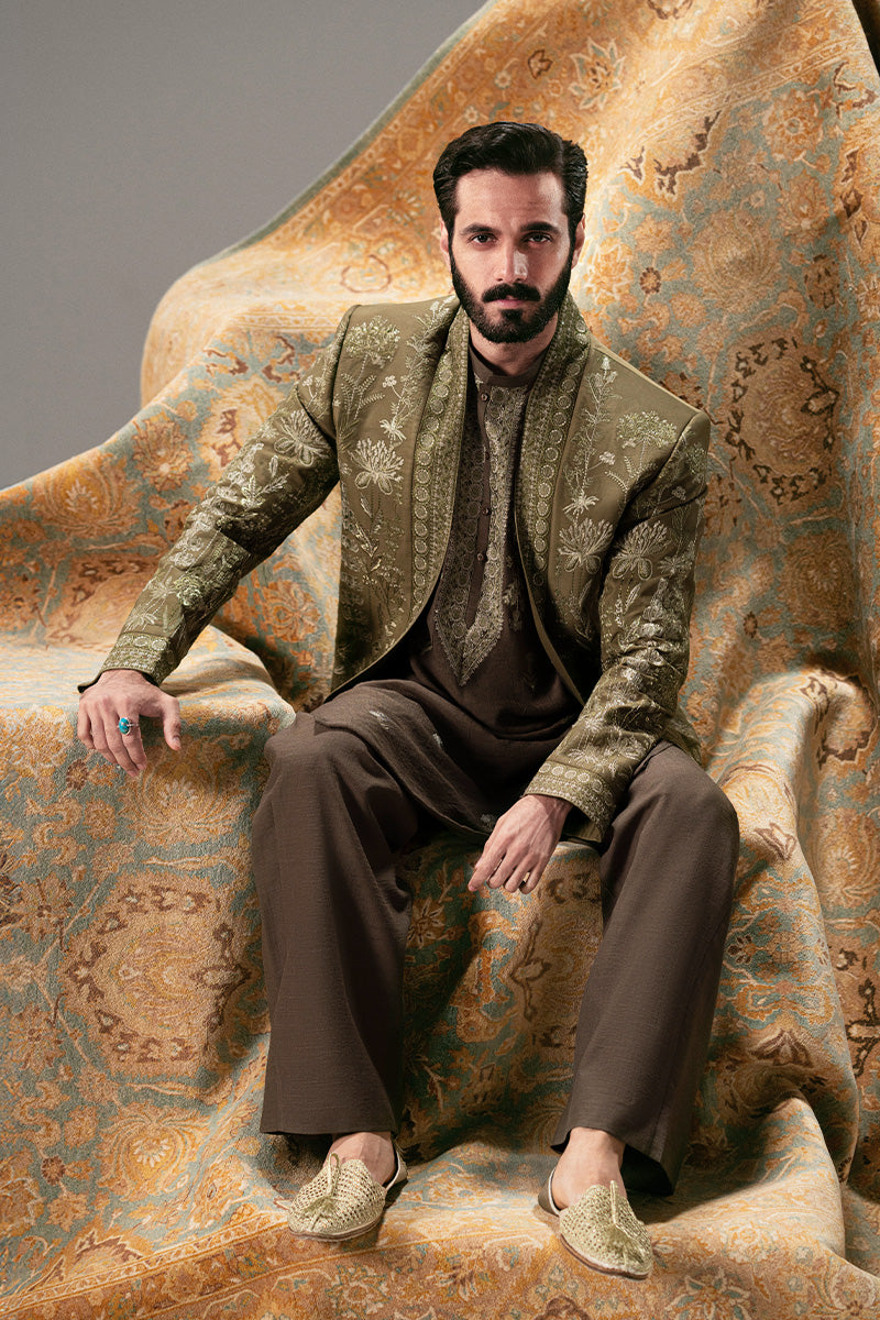 Olive Green Embroidered Silk-Blend Prince Coat (3-Piece) - Image 3