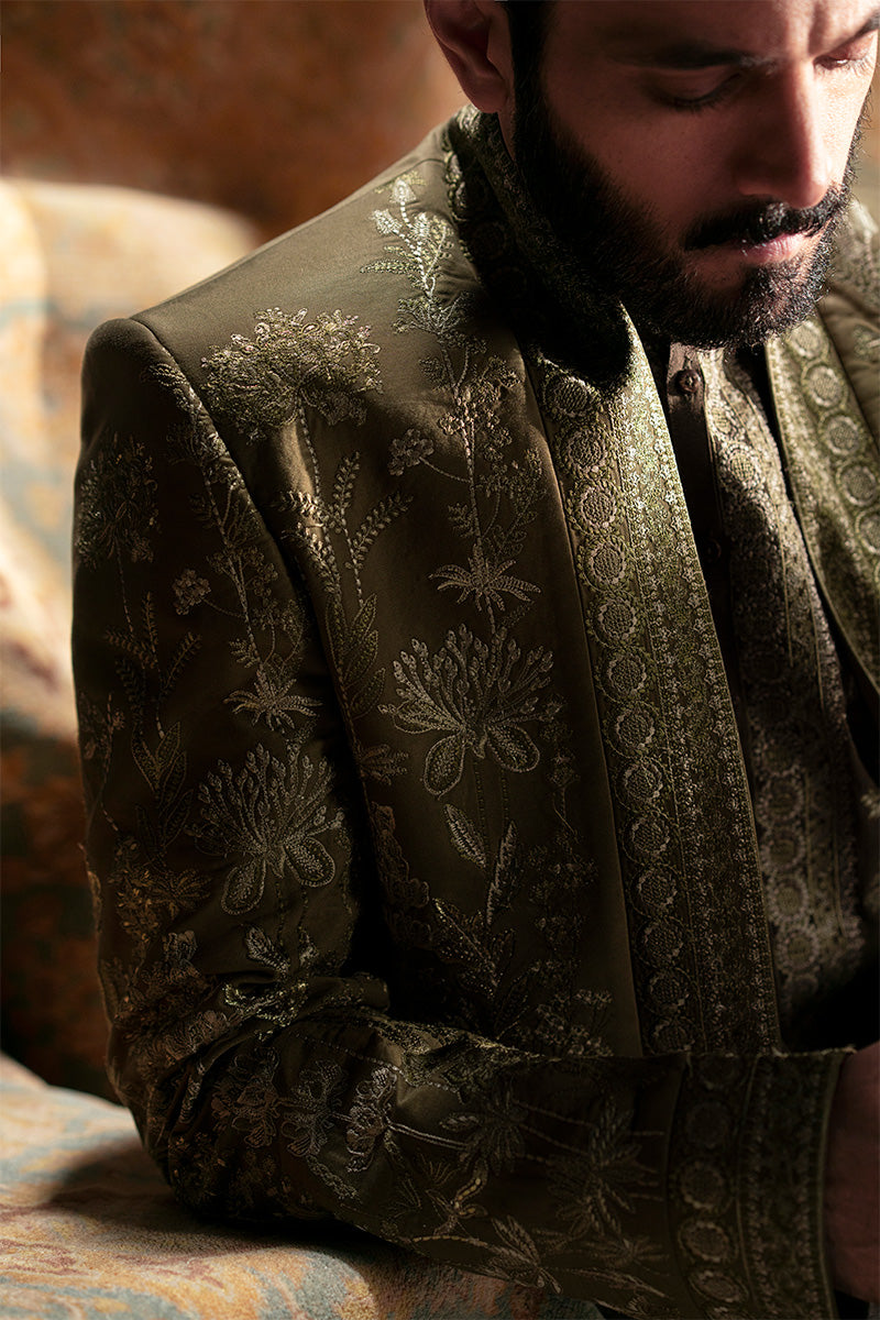 Olive Green Embroidered Silk-Blend Prince Coat (3-Piece) - Image 8