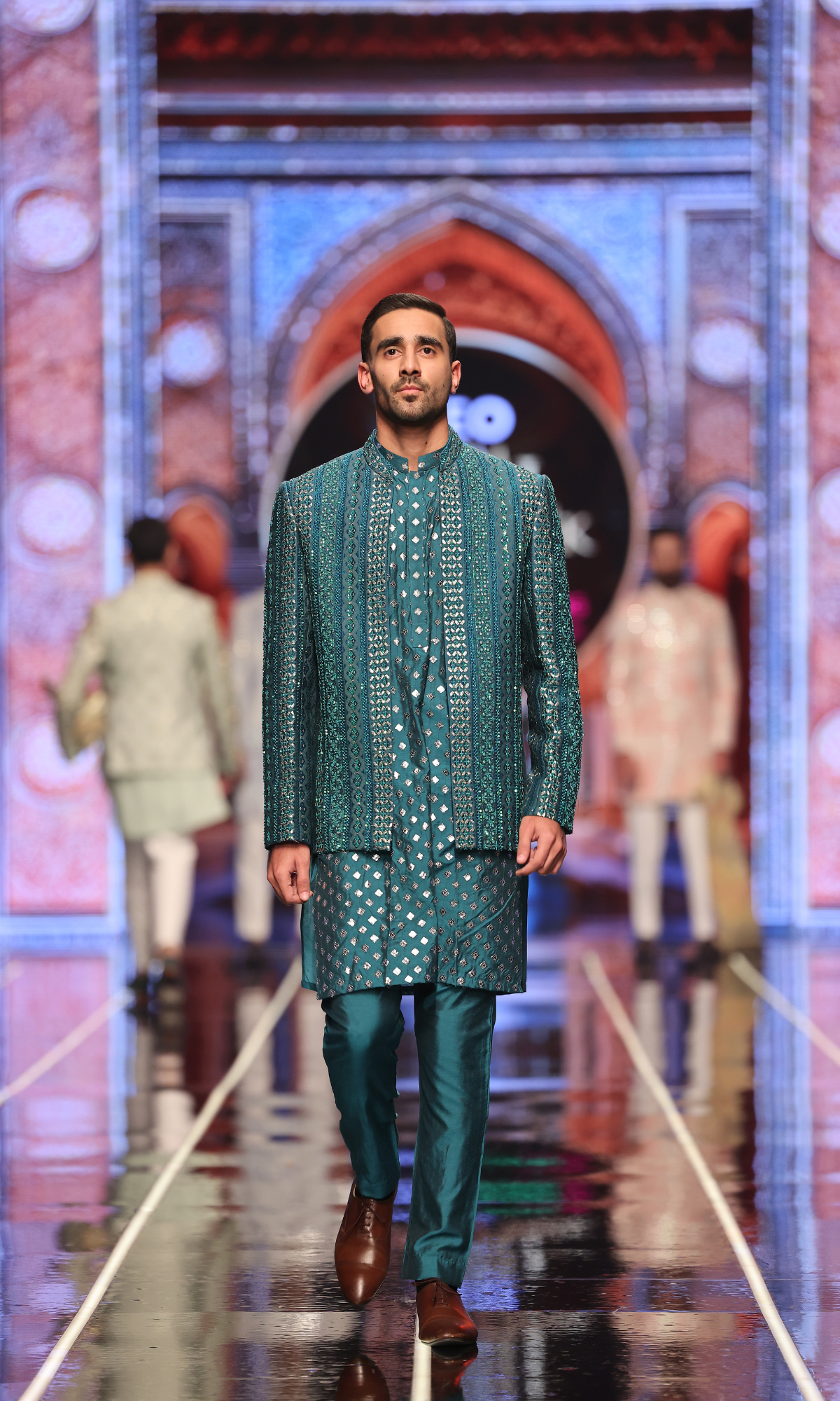 Peacock Green Embroidered Silk-Blend Prince Coat (3-Piece) - Image 2