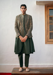 Forest Green Hand-Embellished Silk-Blend Prince Coat (3-Piece) - Image 2