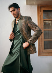 Forest Green Hand-Embellished Silk-Blend Prince Coat (3-Piece) - Image 4