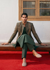 Forest Green Hand-Embellished Silk-Blend Prince Coat (3-Piece) - Image 5