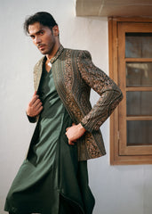 Forest Green Hand-Embellished Silk-Blend Prince Coat (3-Piece) - Image 6