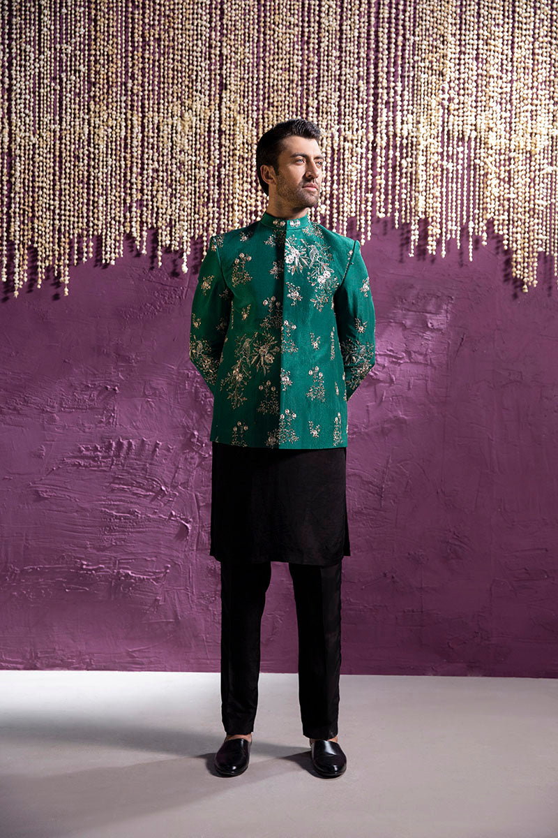 Forest Green Embroidered Silk-Blend Prince Coat (3-Piece) - Image 1