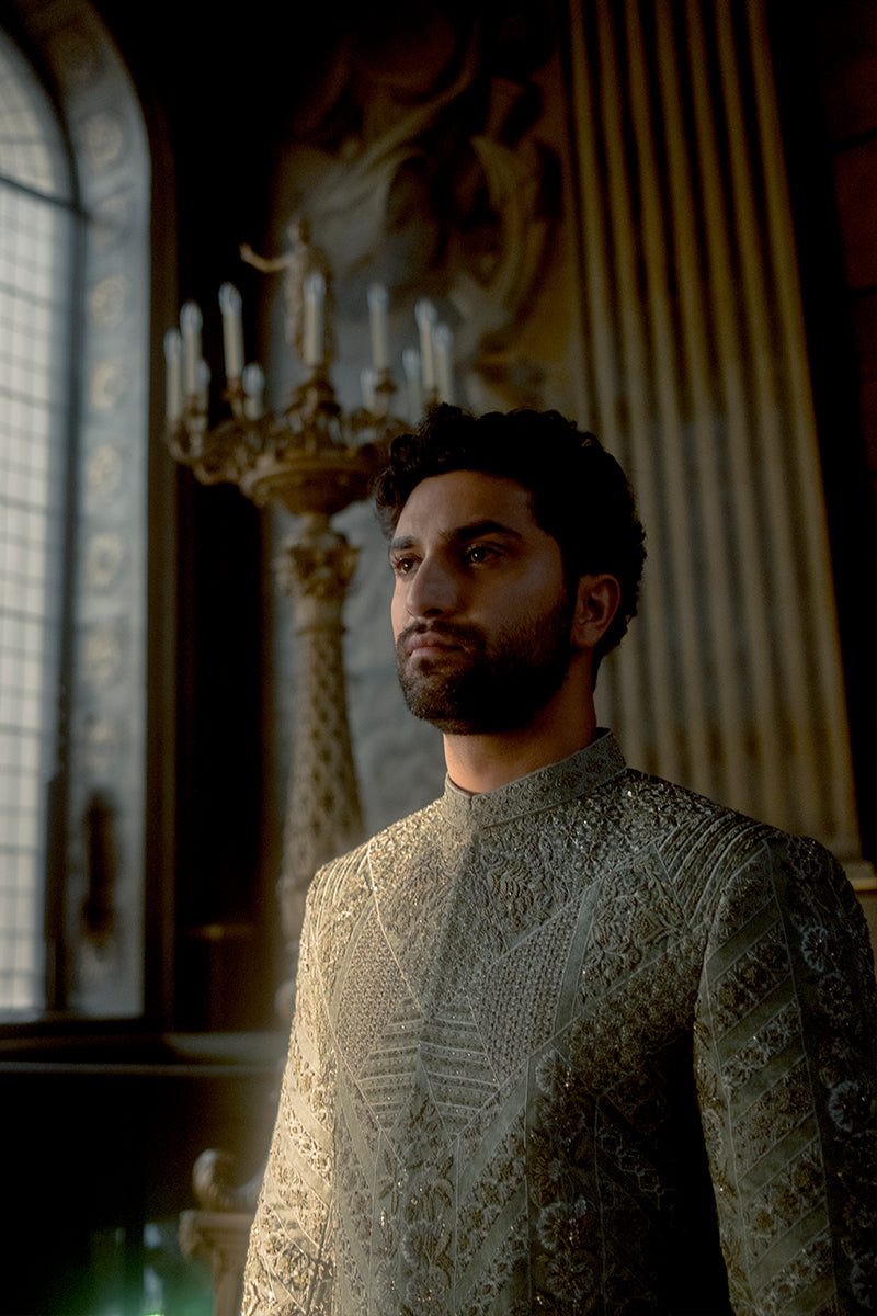 Sage Hand-Embroidered Silk-Blend Prince Coat (3-Piece) - Image 3