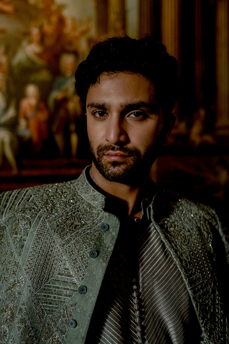 Sage Hand-Embroidered Silk-Blend Prince Coat (3-Piece) - Image 4