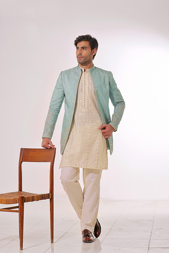 Mint Green Embroidered Silk-Blend Prince Coat (3-Piece) - Image 2