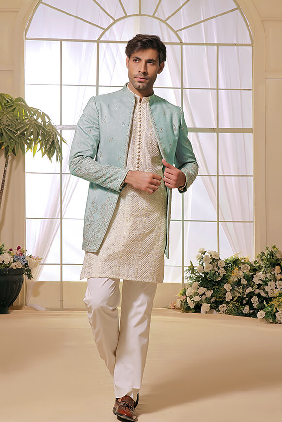Mint Green Embroidered Silk-Blend Prince Coat (3-Piece) - Image 4