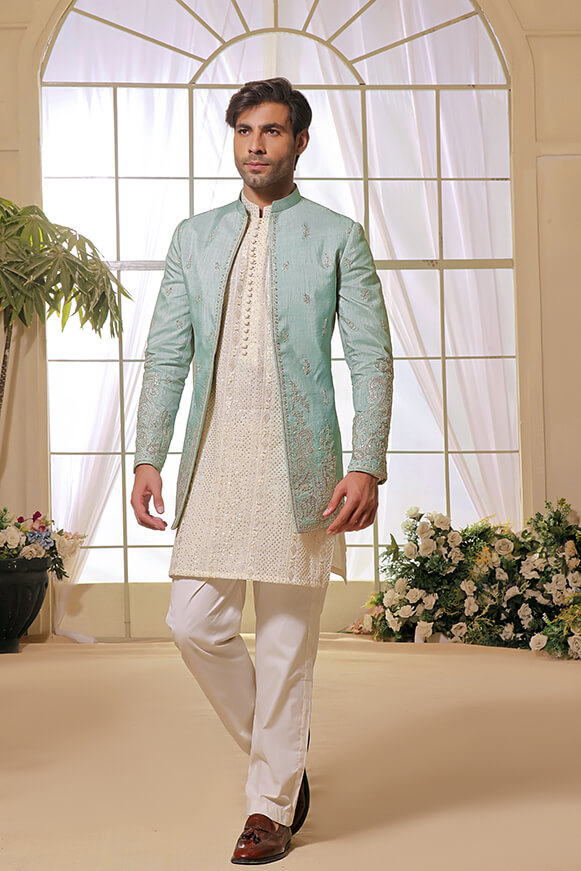 Mint Green Embroidered Silk-Blend Prince Coat (3-Piece) - Image 5