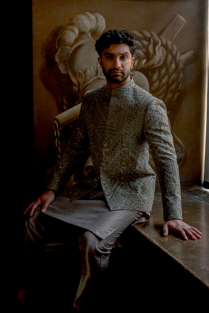 Sage Green Adda Embroidered Silk-Blend Prince Coat (3-Piece) - Image 2