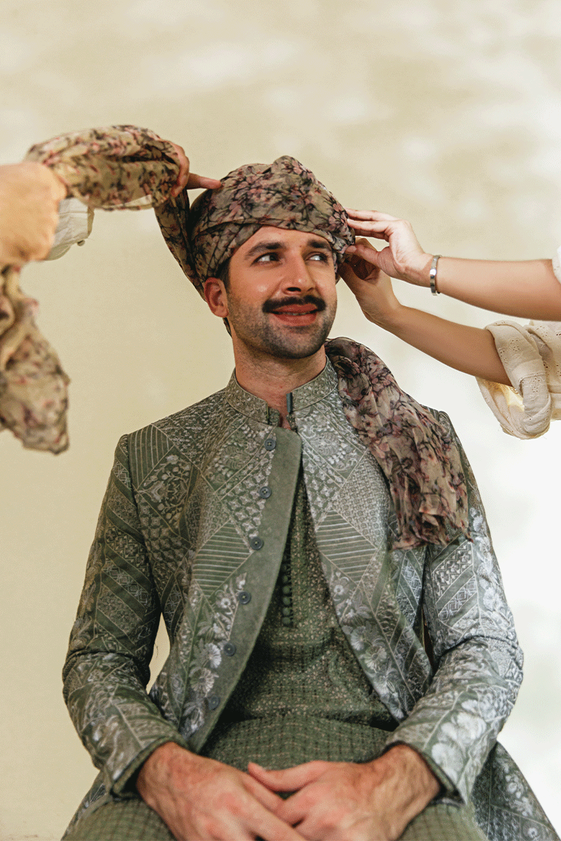 Olive Green Hand-Embroidered Silk-Blend Prince Coat (2-Piece) - Image 1