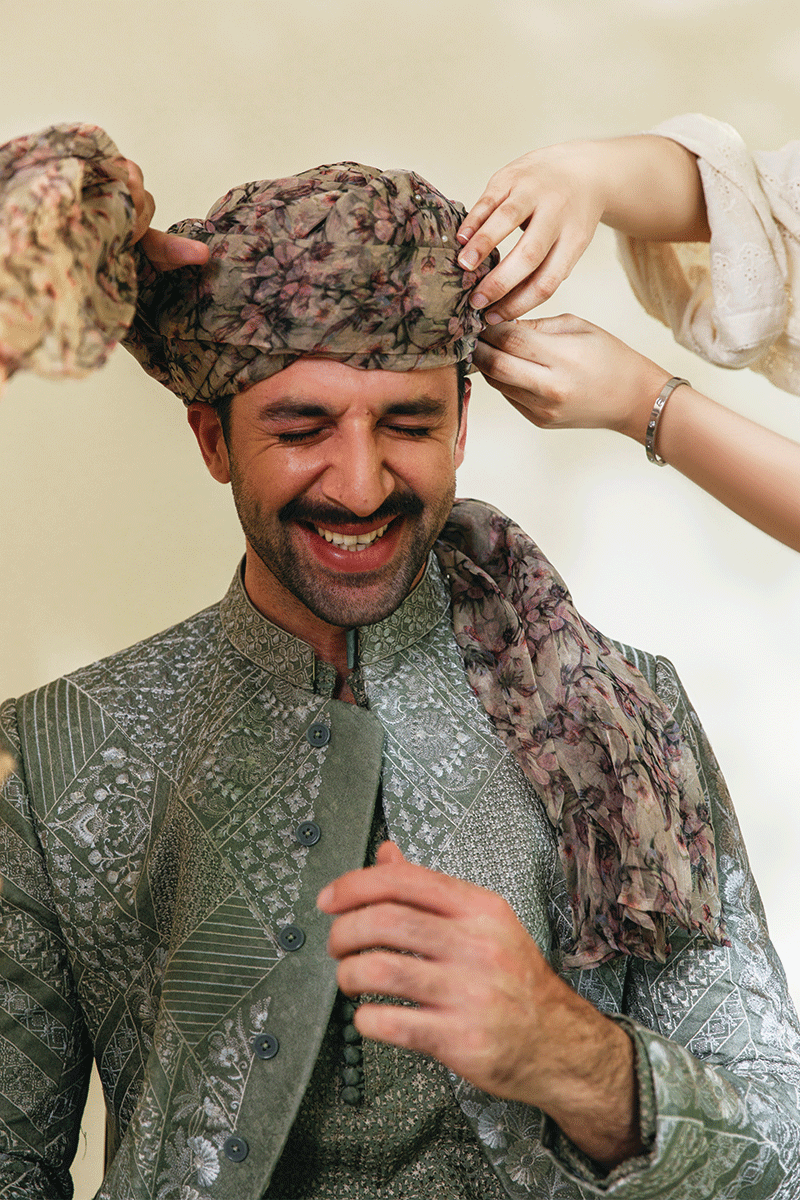 Olive Green Hand-Embroidered Silk-Blend Prince Coat (2-Piece) - Image 2