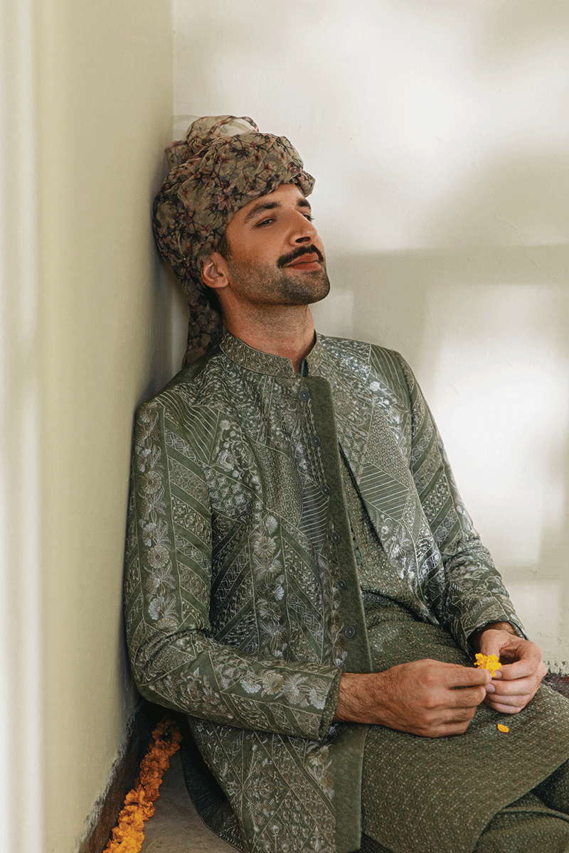 Olive Green Hand-Embroidered Silk-Blend Prince Coat (2-Piece) - Image 3