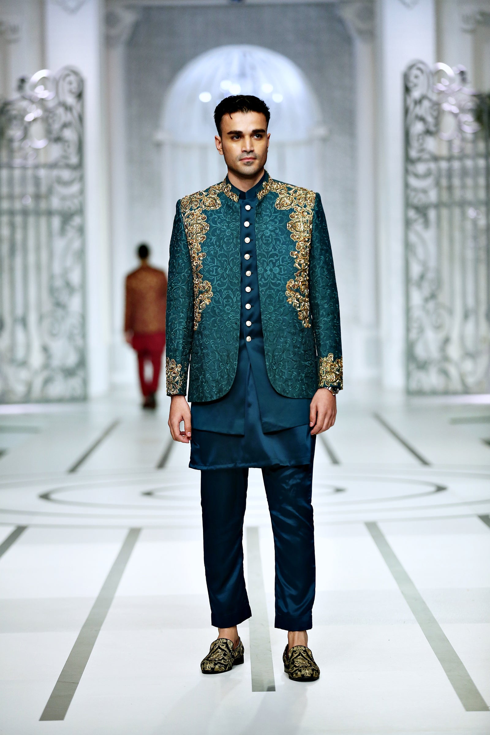 Teal Green Kora Dabka Silk Blend Prince Coat (3-Piece) - Image 1