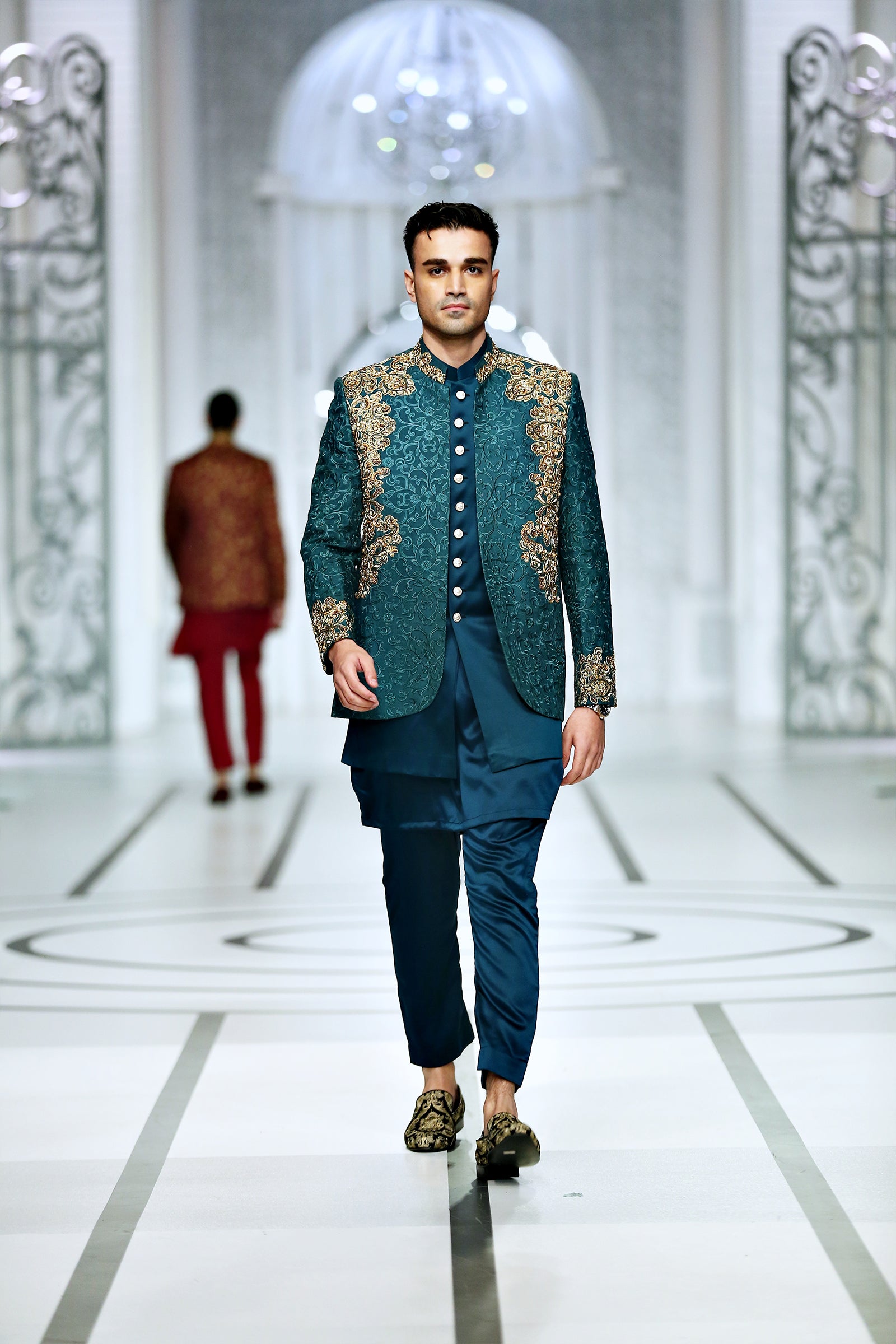 Teal Green Kora Dabka Silk Blend Prince Coat (3-Piece) - Image 2