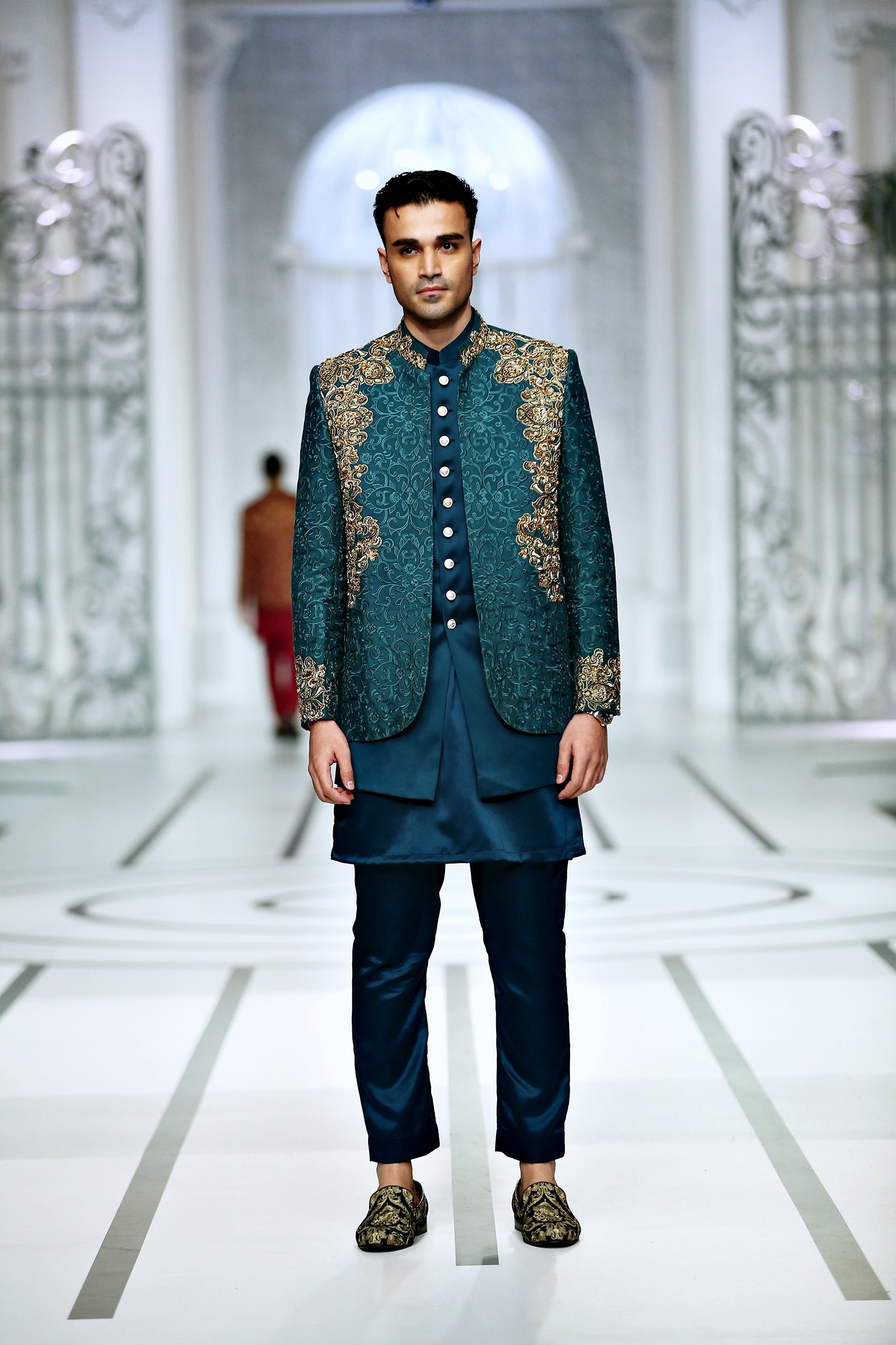 Teal Green Kora Dabka Silk Blend Prince Coat (3-Piece) - Image 3
