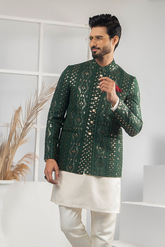 Emerald Green Mirror Work Silk-Blend Prince Coat (3-Piece) - Image 1