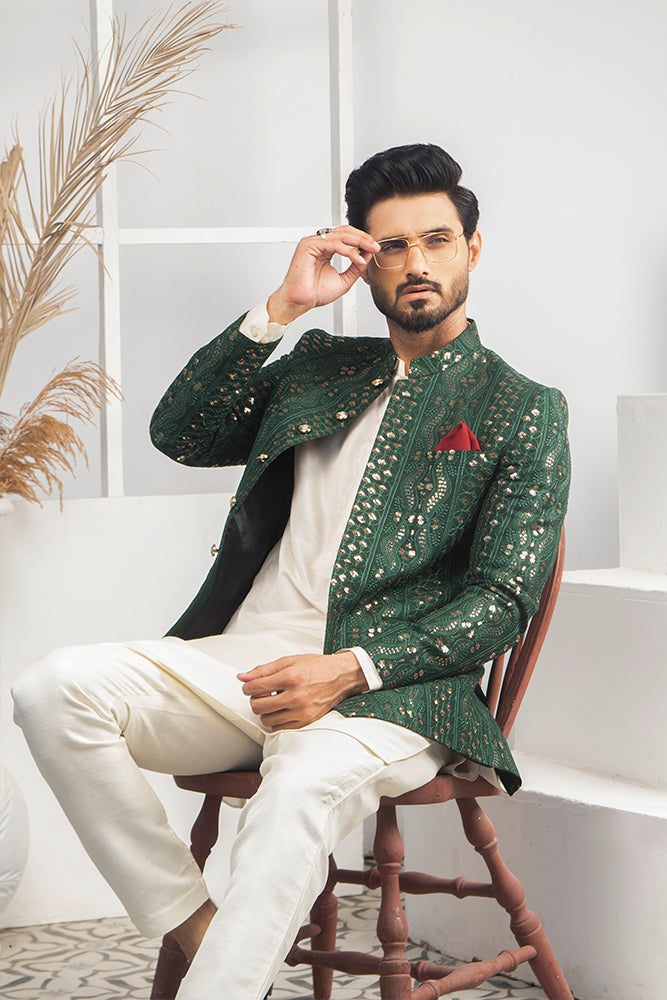 Emerald Green Mirror Work Silk-Blend Prince Coat (3-Piece) - Image 2