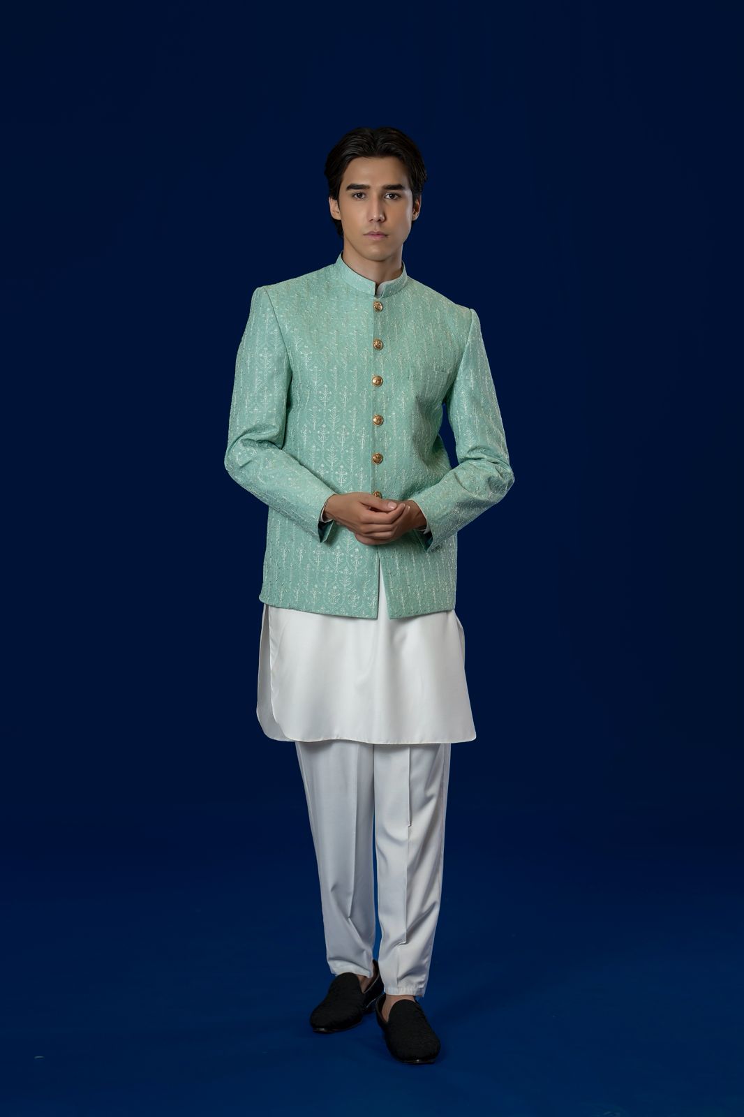 Light Green Embroidered Silk-Blend Prince Coat (3-Piece) - Image 1