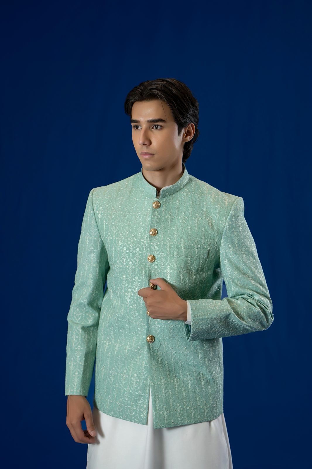 Light Green Embroidered Silk-Blend Prince Coat (3-Piece) - Image 2