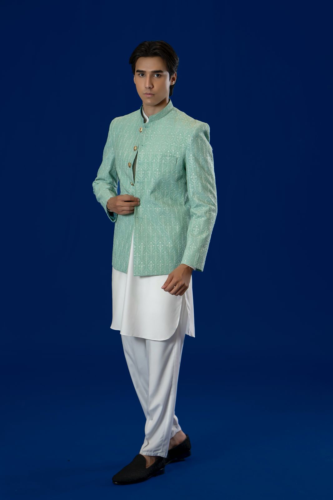 Light Green Embroidered Silk-Blend Prince Coat (3-Piece) - Image 4