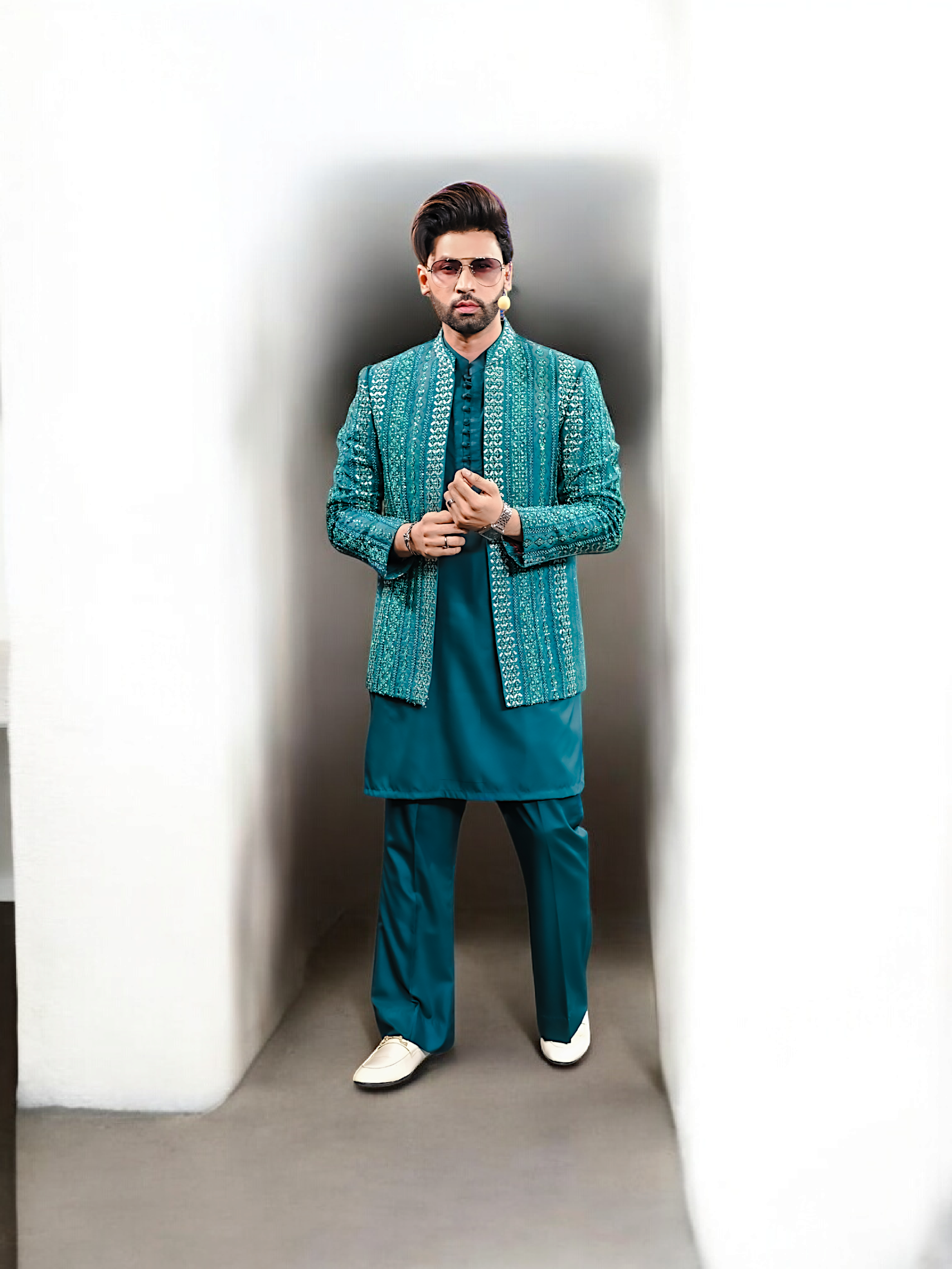 Peacock Green Hand-Embroidered Silk-Blend Prince Coat (3-Piece) - Image 1
