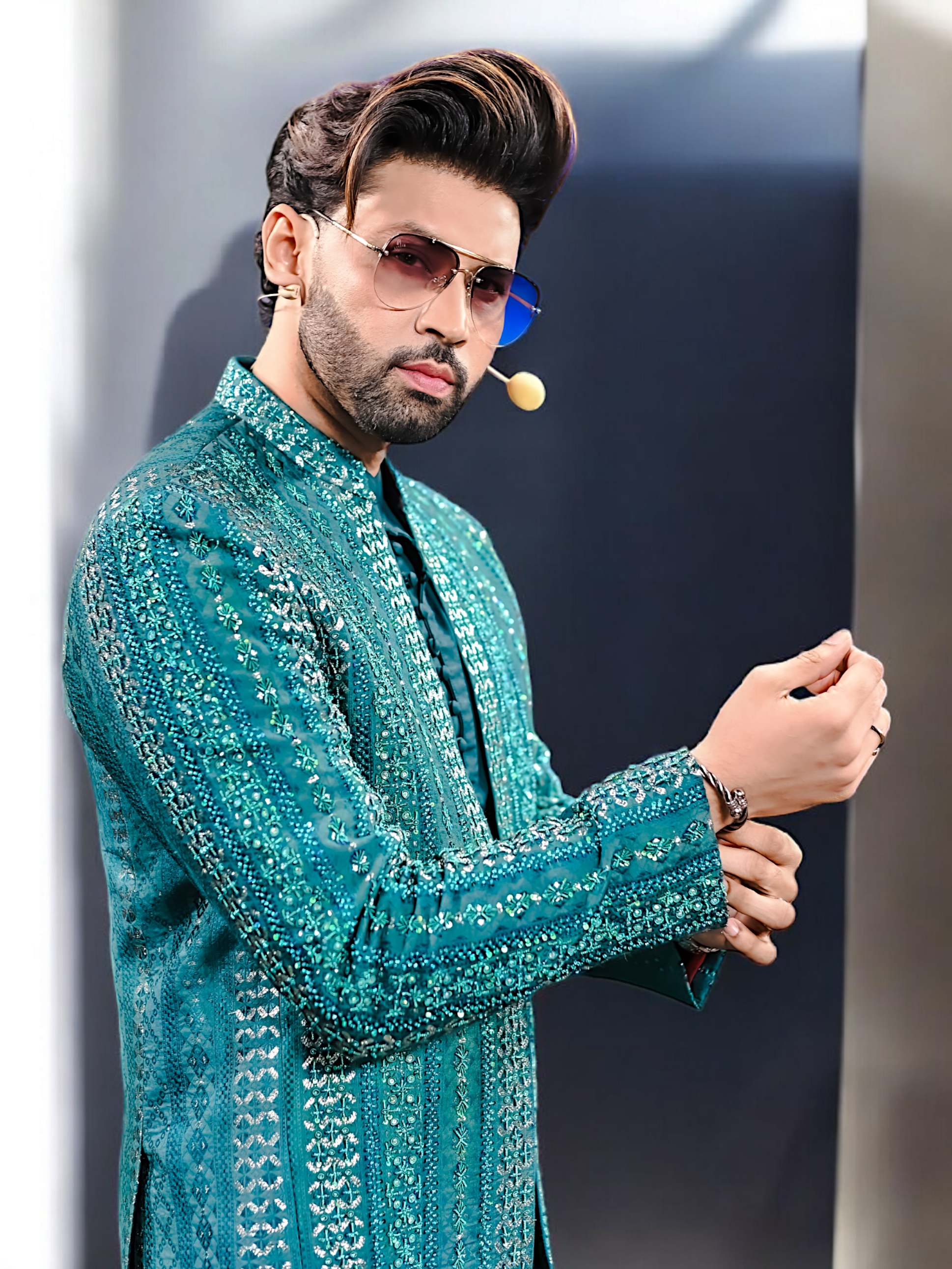 Peacock Green Hand-Embroidered Silk-Blend Prince Coat (3-Piece) - Image 2