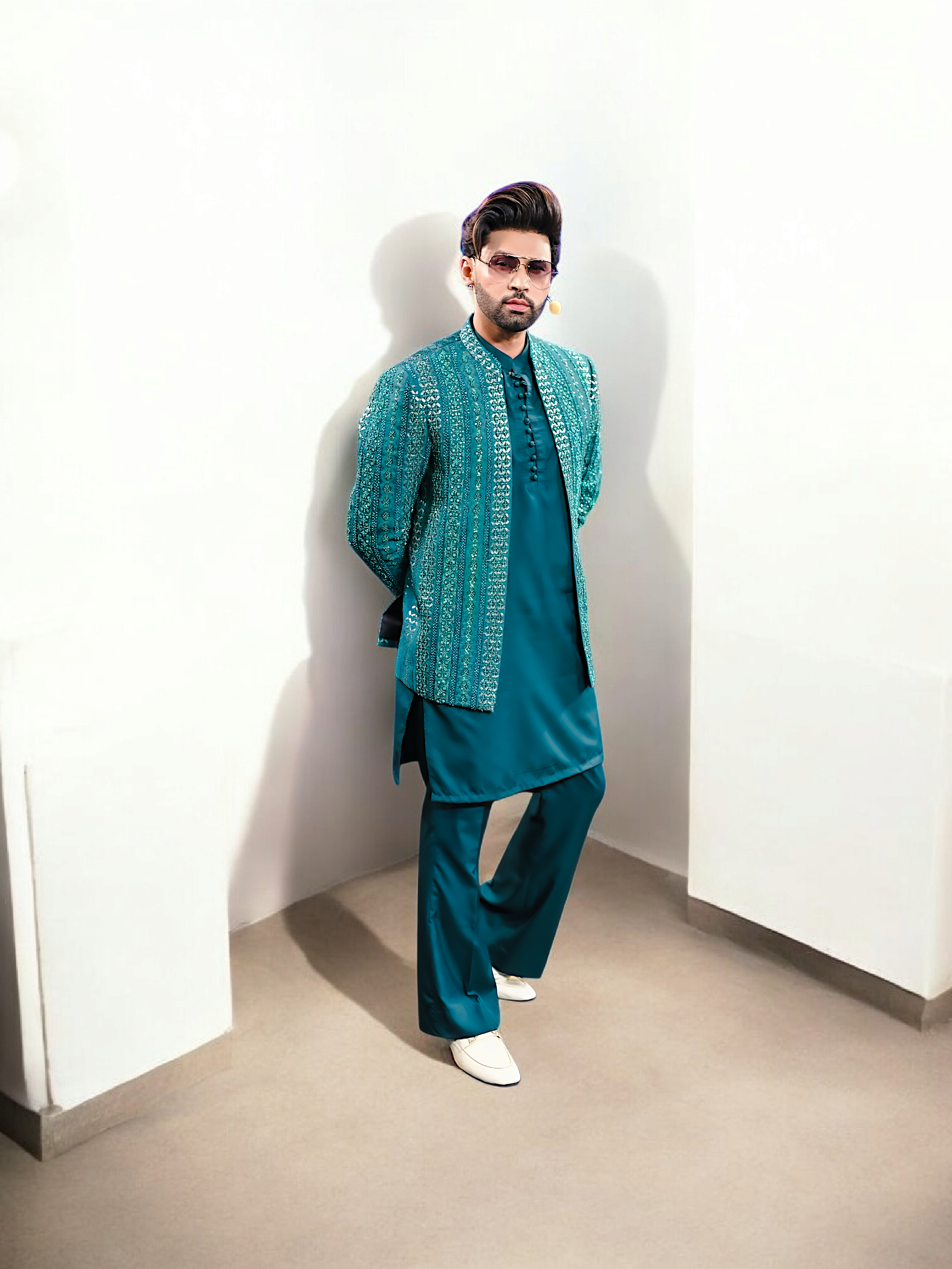 Peacock Green Hand-Embroidered Silk-Blend Prince Coat (3-Piece) - Image 3