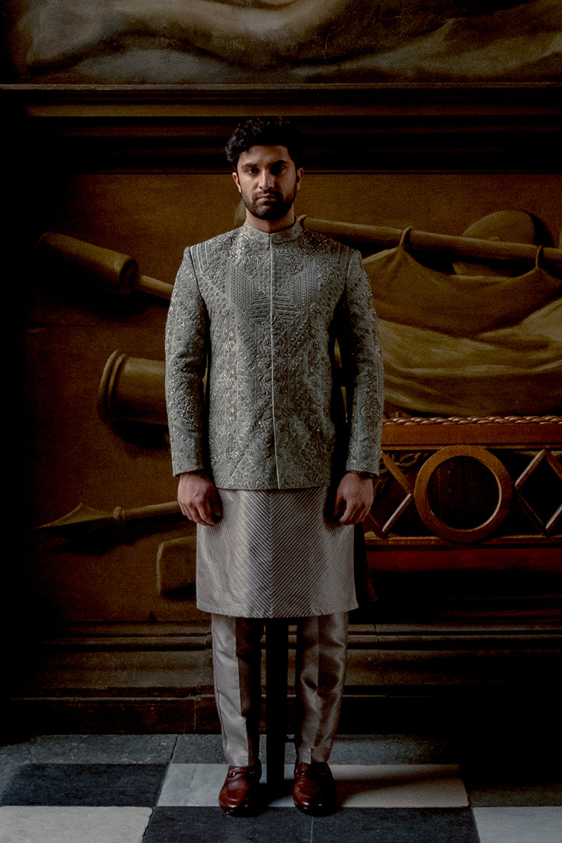 Sage Green Adda Embroidered Silk-Blend Prince Coat (3-Piece) - Image 1