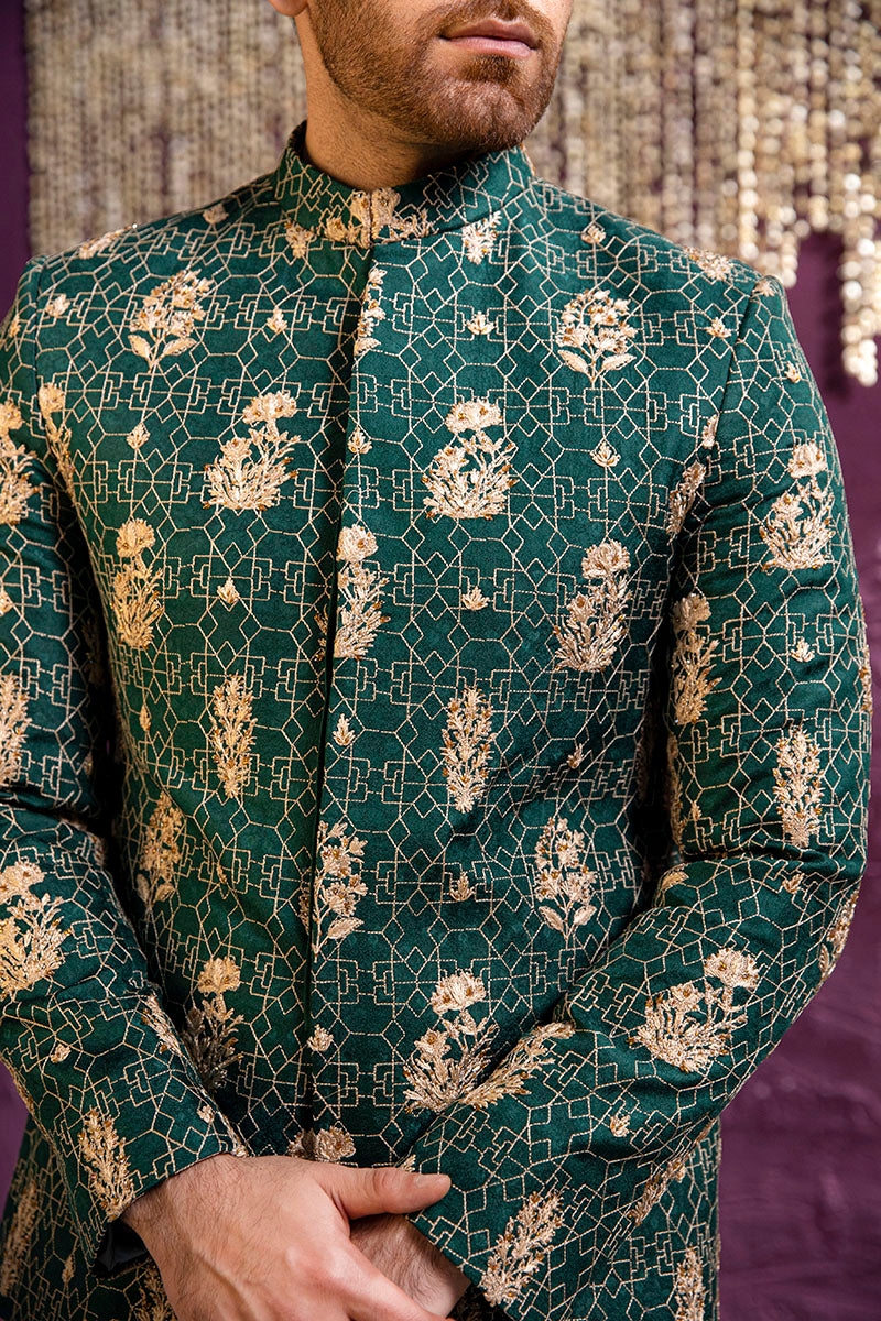 Emerald Green Embroidered Silk-Blend Prince Coat (3-Piece) - Image 2