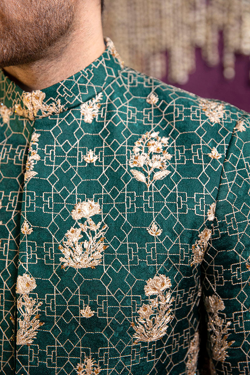 Emerald Green Embroidered Silk-Blend Prince Coat (3-Piece) - Image 3