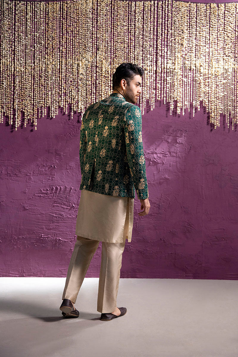Emerald Green Embroidered Silk-Blend Prince Coat (3-Piece) - Image 4