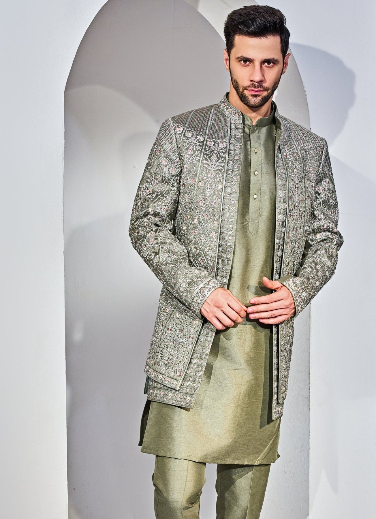 Deep Green Embroidered Silk-Blend Prince Coat (3-Piece) - Image 3