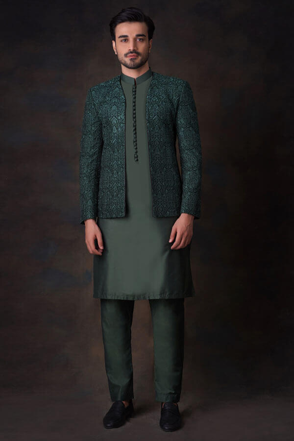 Emerald Green Resham Embroidered Silk-Blend Prince Jacket (3-Piece) - Image 1