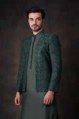 Emerald Green Resham Embroidered Silk-Blend Prince Jacket (3-Piece) - Image 3