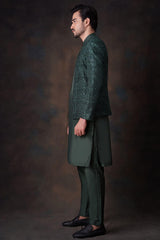 Emerald Green Resham Embroidered Silk-Blend Prince Jacket (3-Piece) - Image 4