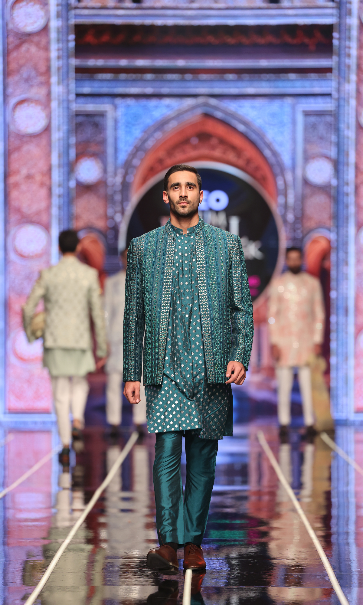 Peacock Green Hand-Embellished Silk-Blend Prince Coat (3-Piece) - Image 3