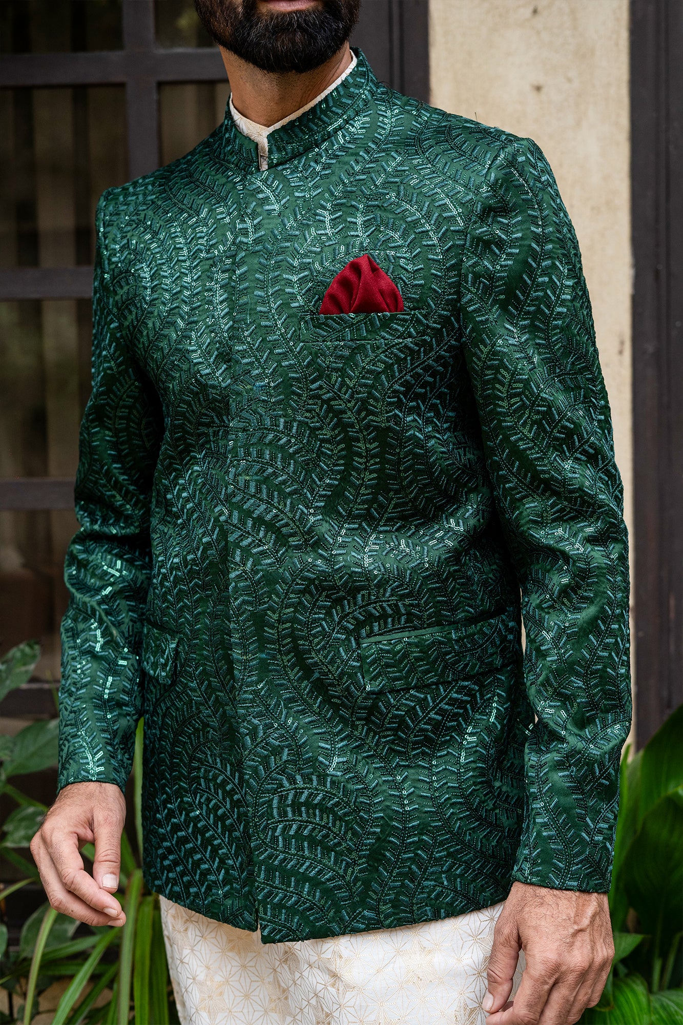 Emerald Green Sequin Embroidered Silk-Blend Prince Coat (3-Piece) - Image 2