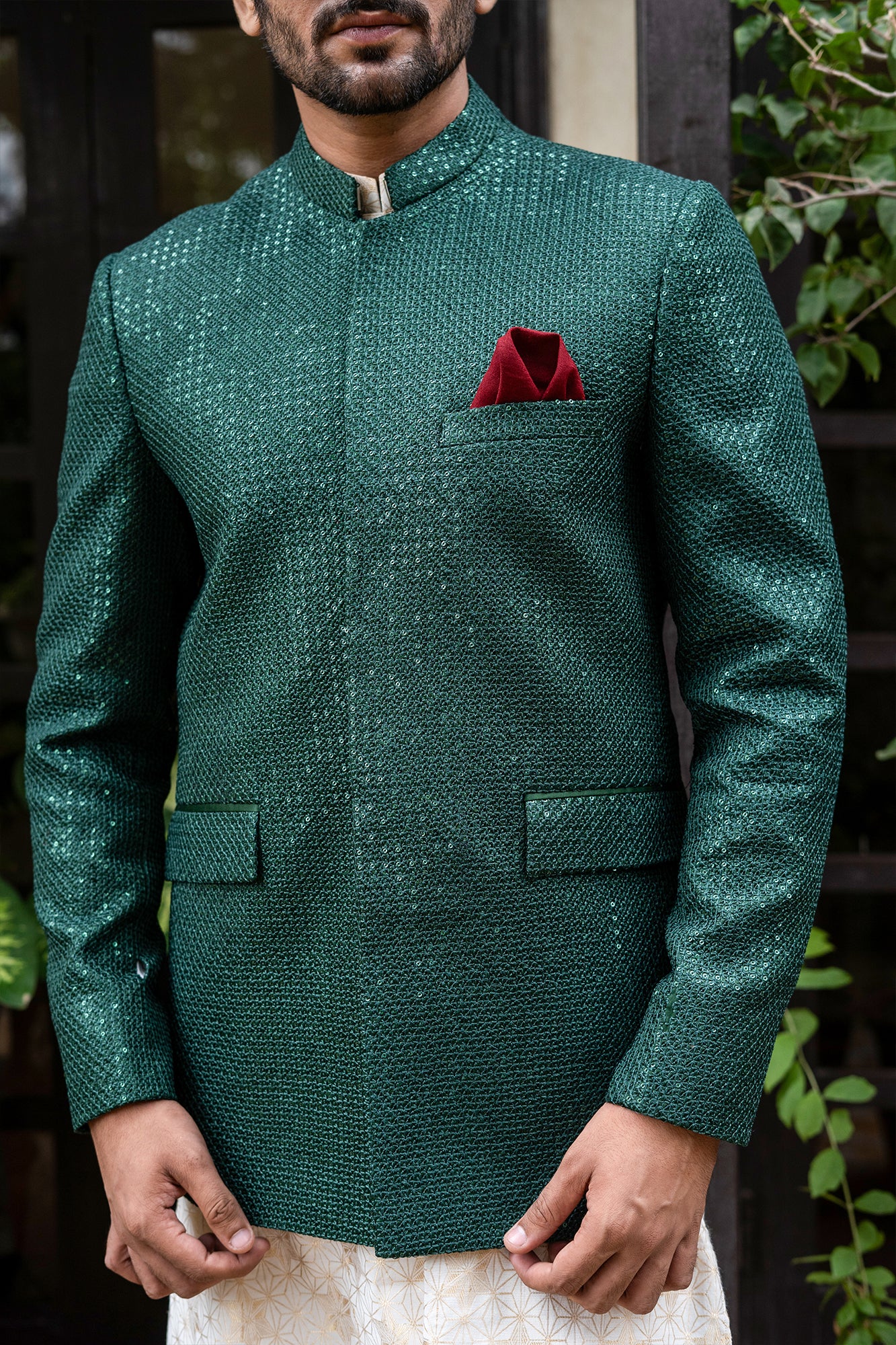 Emerald Green Sequin Embroidered Silk-Blend Prince Coat (3-Piece) - Image 3