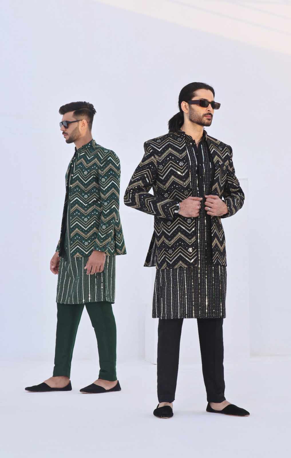 Lush Green Sequin Embroidered Silk-Blend Prince Coat (3-Piece) - Image 3