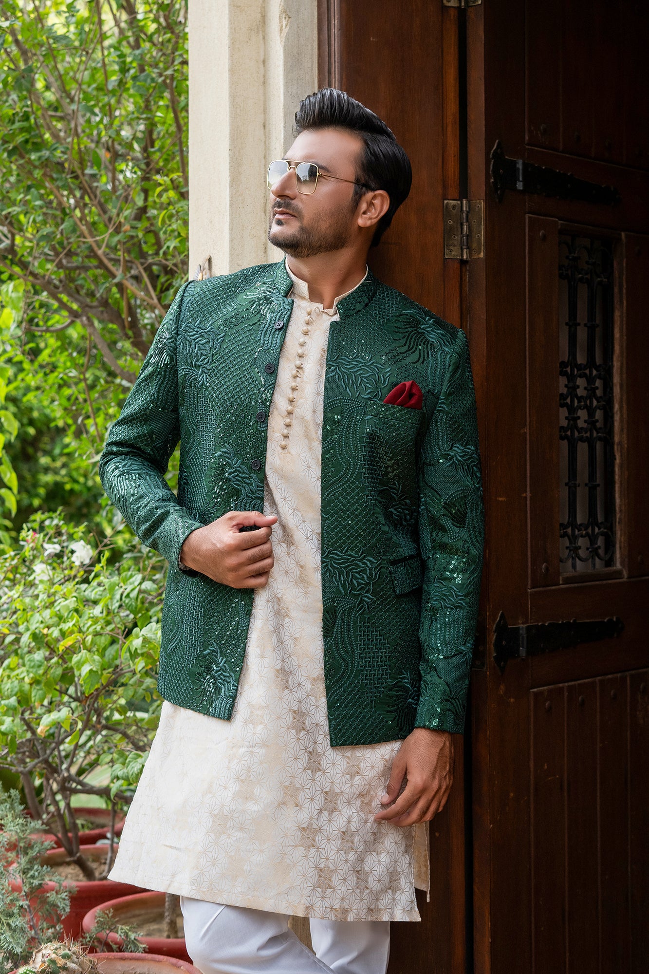 Emerald Green Embroidered Silk-Blend Prince Coat (1-Pc) - Image 1