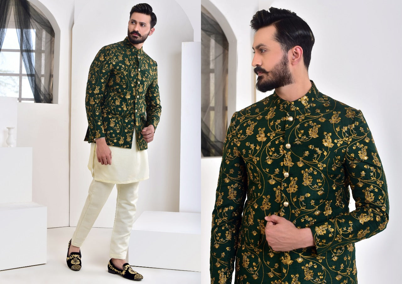 Emerald Green Gold Thread Silk-Blend Prince Coat (3-Piece) - Image 3