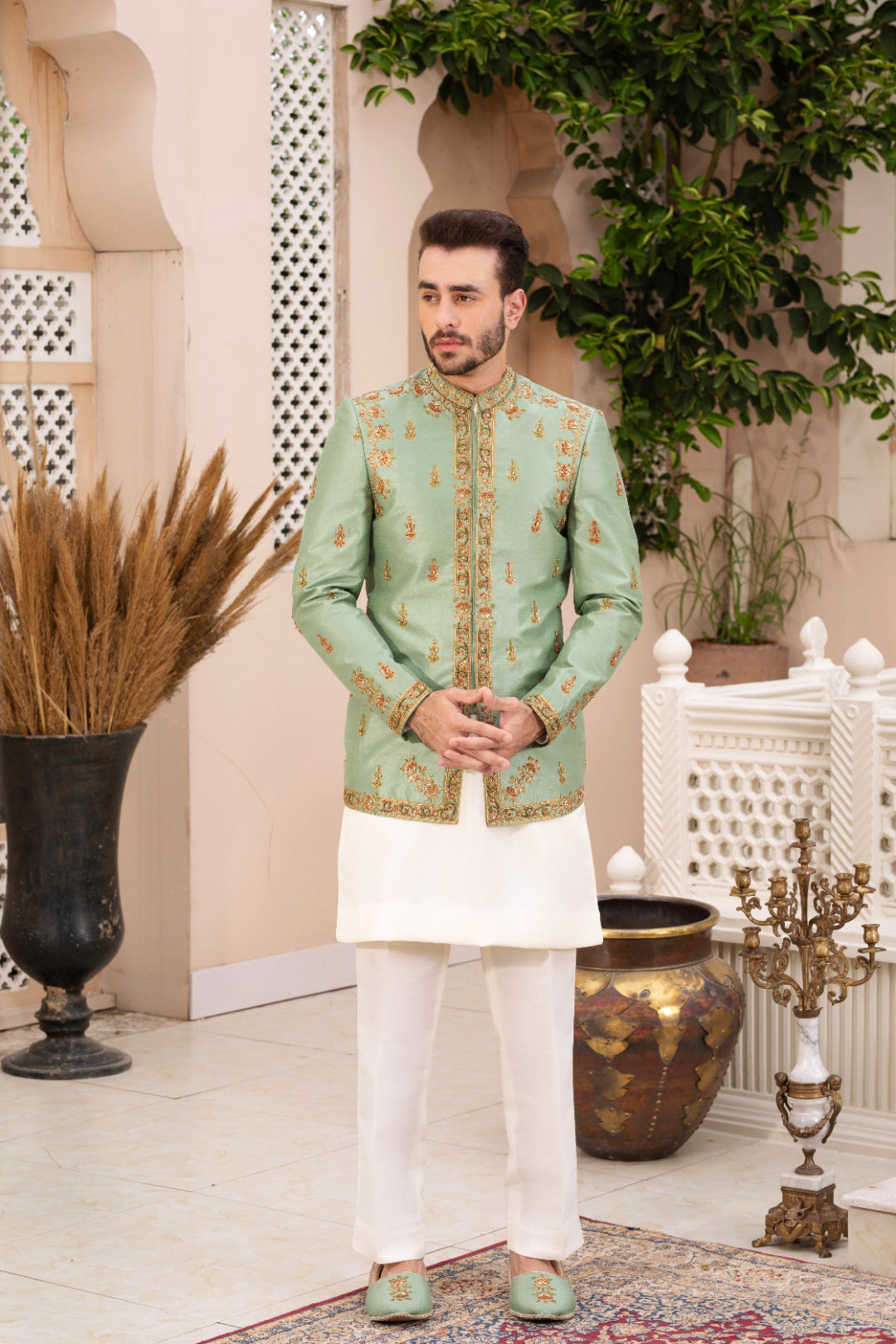 Pistachio Block Printed Silk Prince Coat (3-Piece) - Image 1