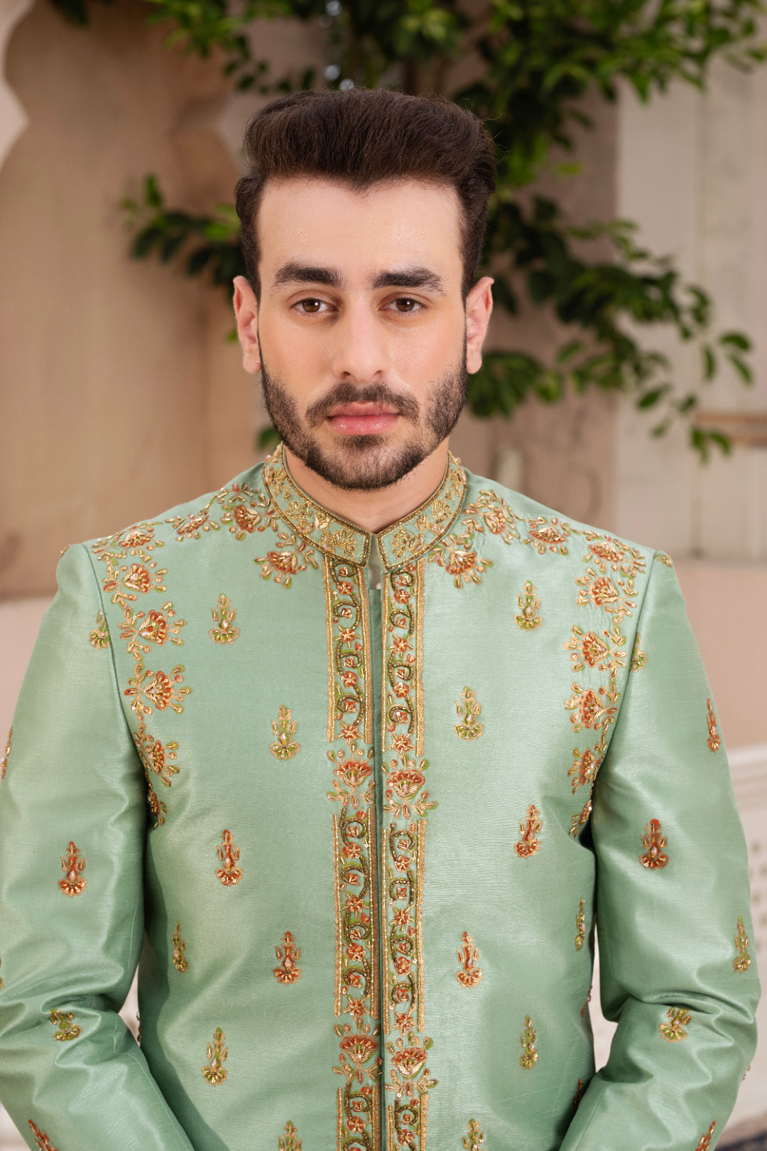 Pistachio Block Printed Silk Prince Coat (3-Piece) - Image 4